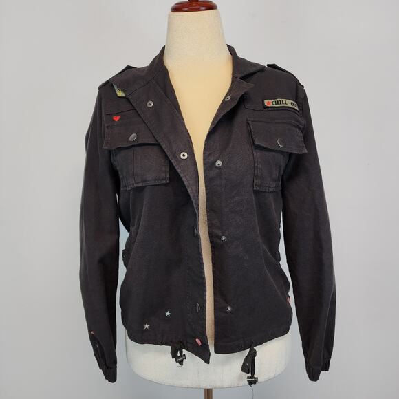 Chaser Military Jacket Size M Black Canvas Embroidered Patches Moto Punk Biker - Picture 5 of 16